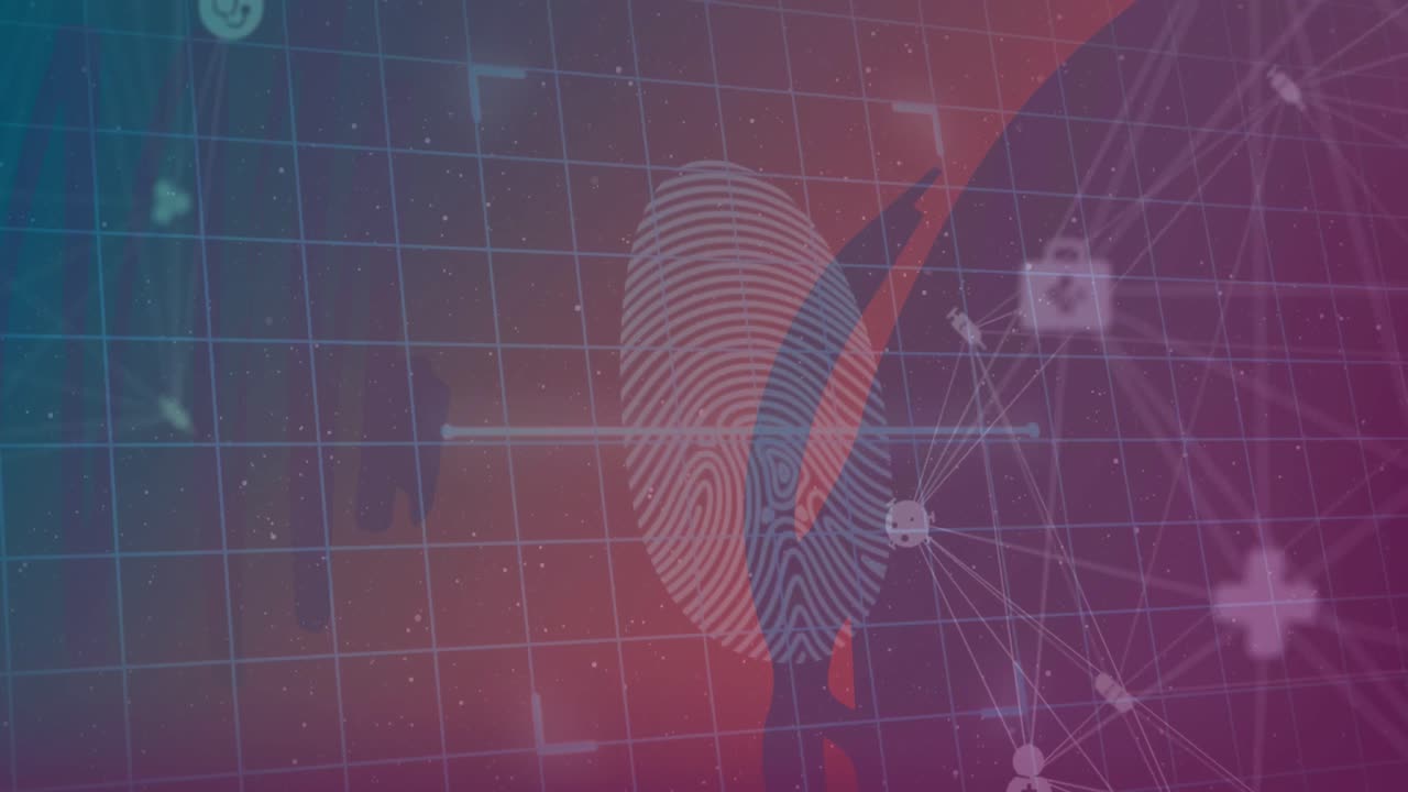 animaciones de la red de conexiones y huellas dactilares sobre fondo azul y naranja