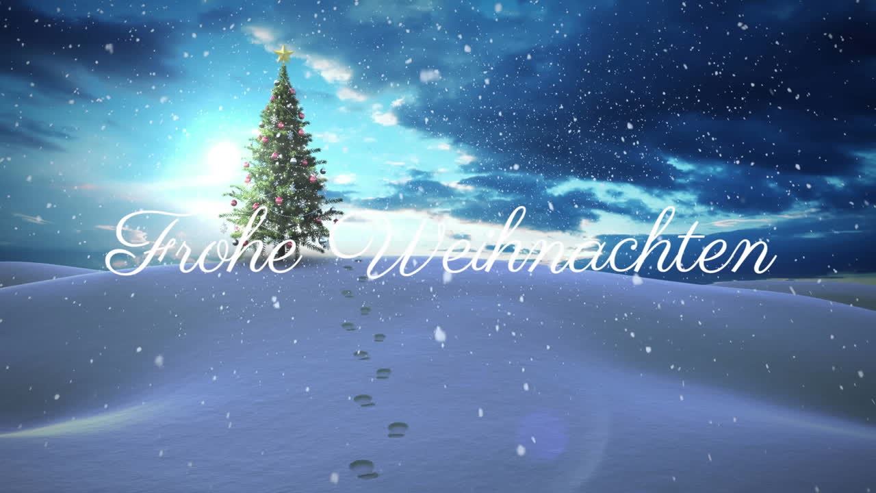frohe weihnachten 텍스트와 겨울 풍경에 크리스마스 나무에 맞서 떨어지는 눈