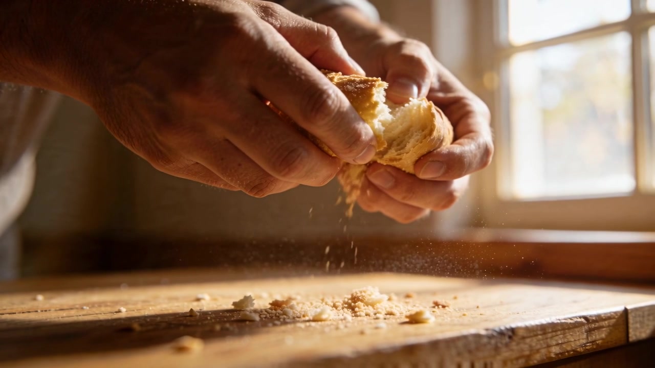 Mani che portano un panino in vista, strappandolo su un tagliere vicino alla finestra, con maniche arrotolate e briciole che cadono