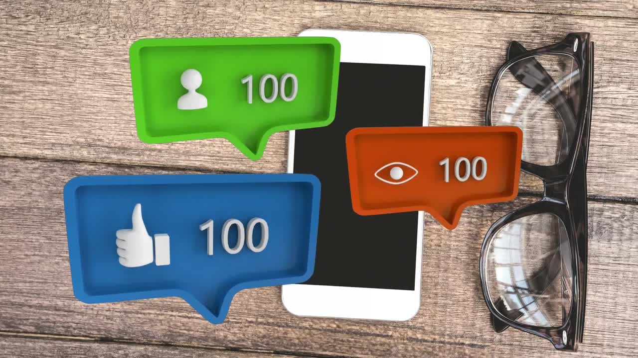 diferentes iconos y una mesa con un teléfono móvil y anteojos para redes sociales