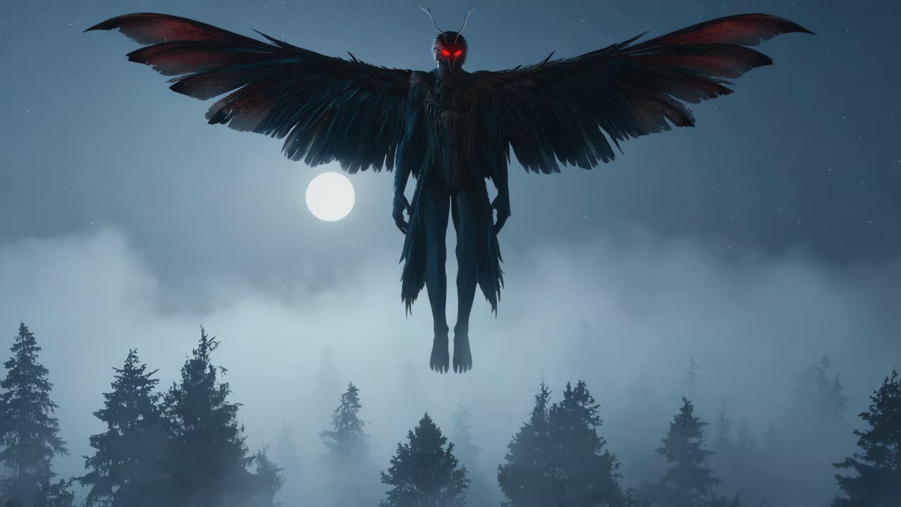 Mothman Flying Over a Misty Forest at Night