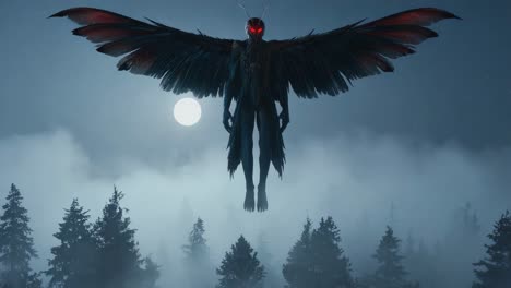 mothman flying over a misty forest at night