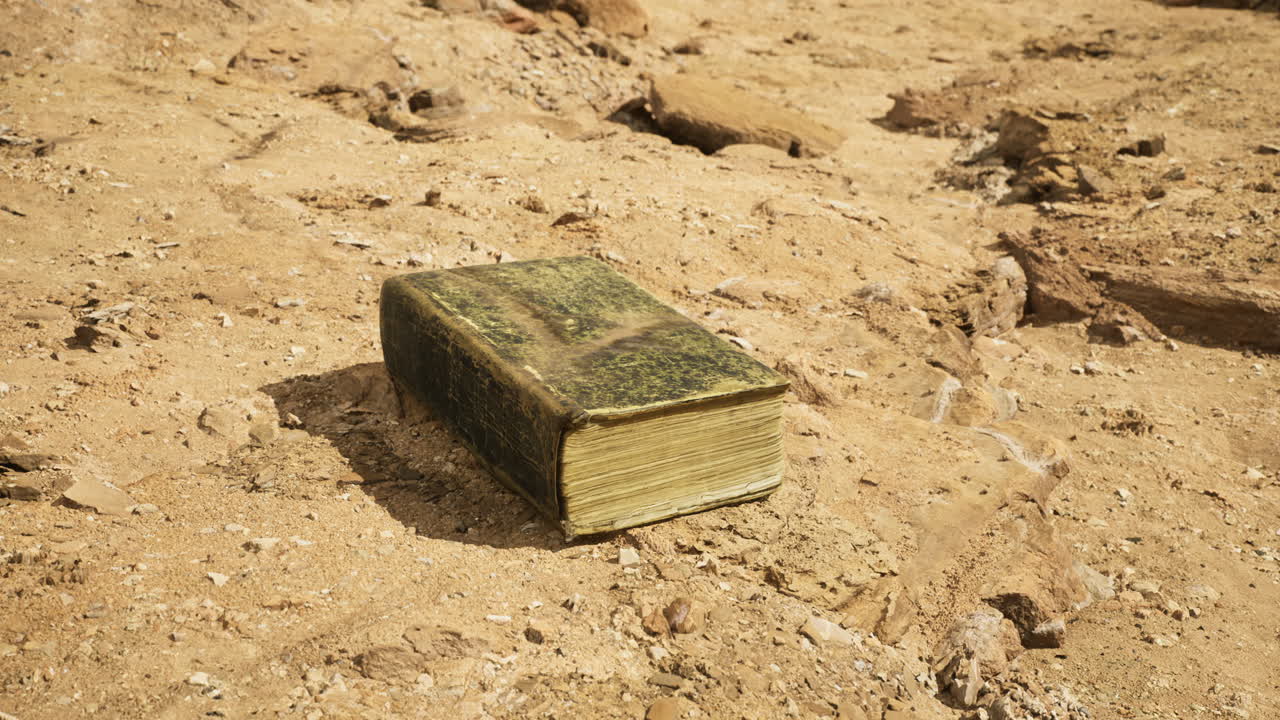 Un vecchio libro appoggiato su un terreno polveroso in una zona deserta sotto la luce del sole