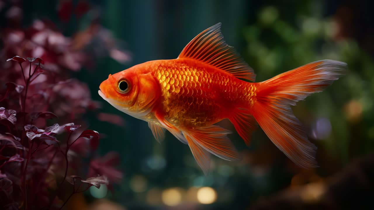 En levende orange guldfisk svømmer yndefuldt gennem frodigt undervandsgrønt og viser sine glitrende skæl og elegante finner i et roligt undervandsmiljø