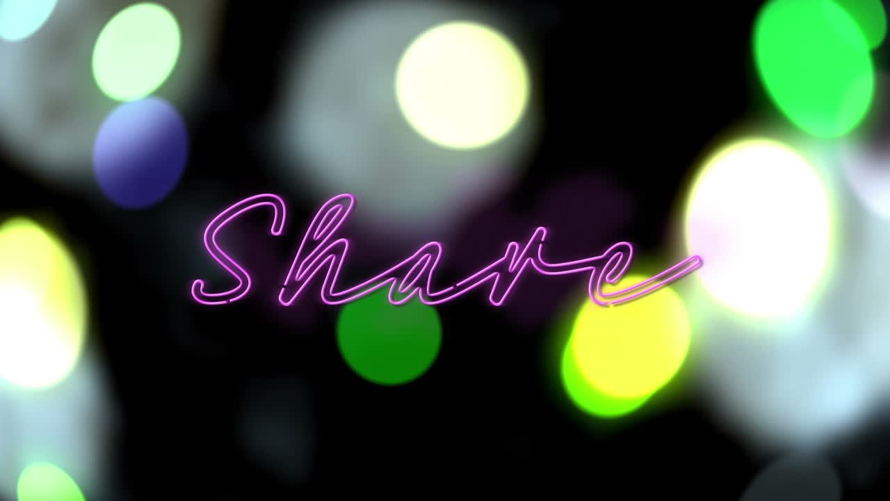 Animazione di un banner di testo "share" viola neon su macchie di luce colorate su sfondo nero