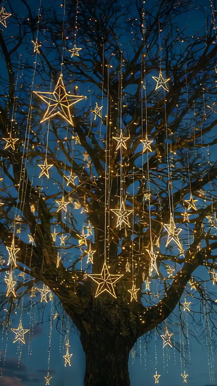 Vertical video: Tilting camera upward and panning right over tree on dusk park showing star lights