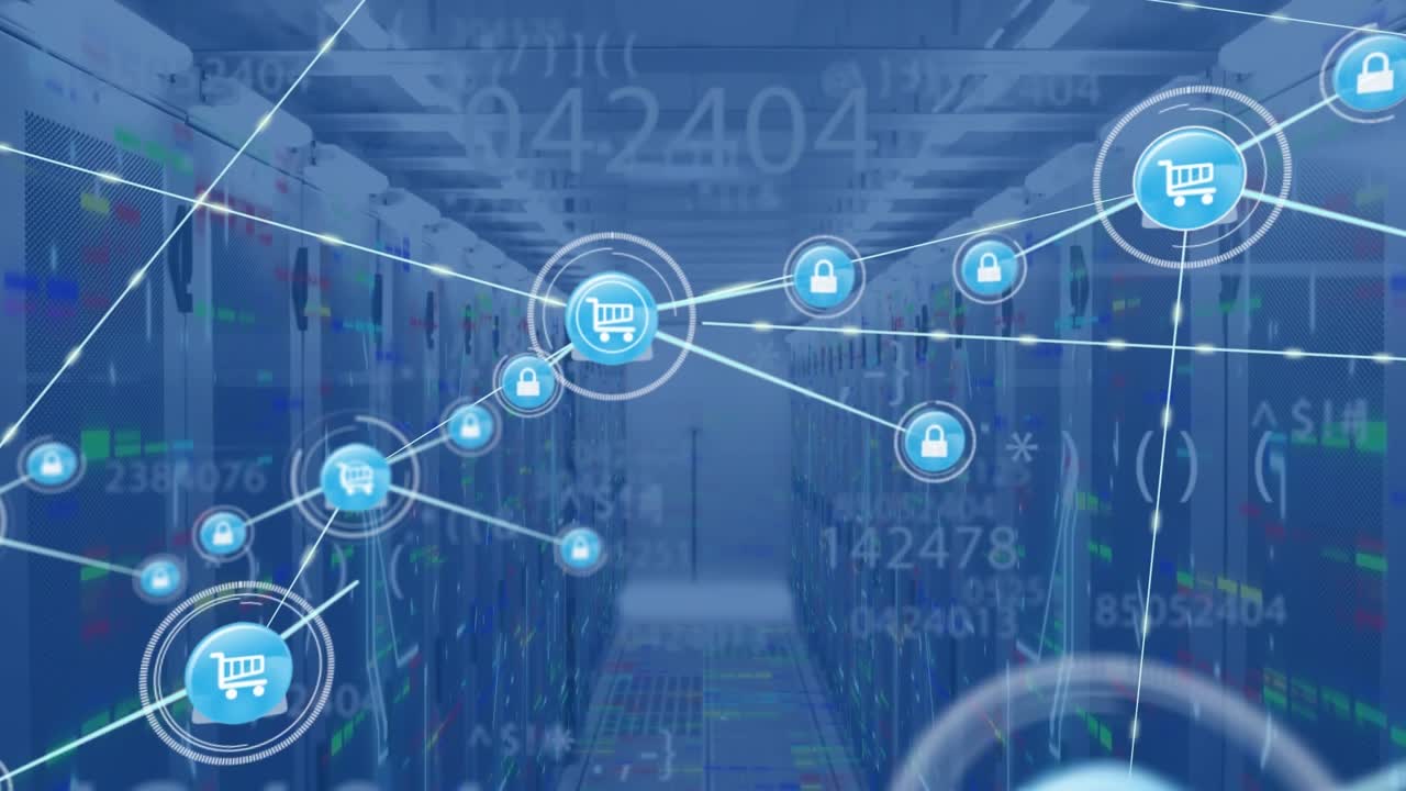 Animation of network of connections with digital icons and numbers over computer servers