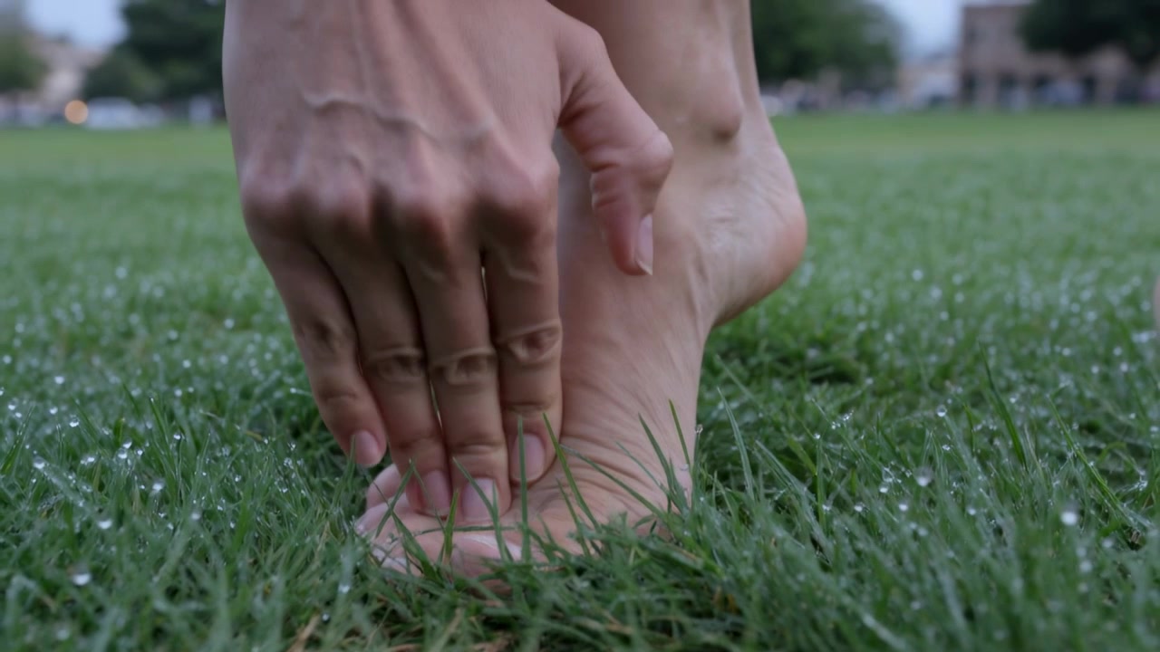 Descending hand placing fingers on bare foot on park lawn, pressing dew droplets, showing stretch