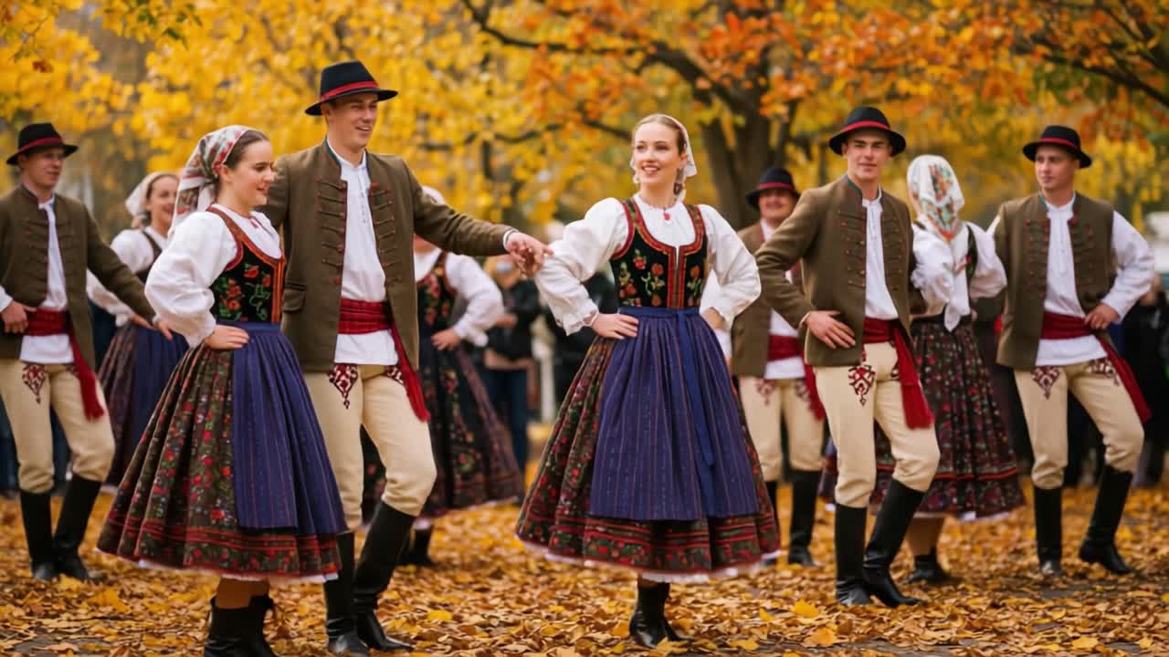 Folk Dancers in Traditional Costumes Performing Outdoors in Autumn