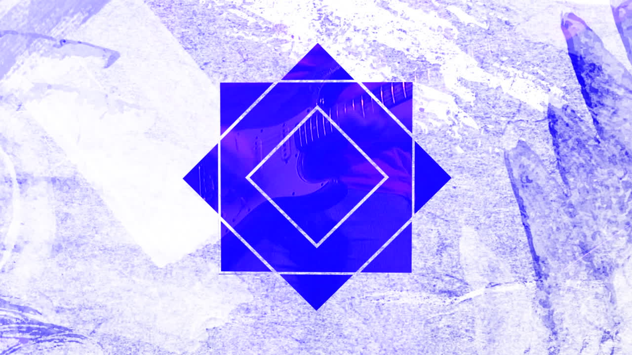 hombre tocando la guitarra eléctrica sobre un diseño de forma hexagonal geométrica contra un fondo gris texturizado