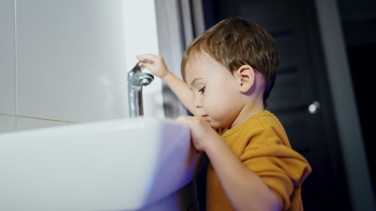 Cute baby climbs on the prop near the sink. Kid opens water, watches it flow, closes and goes down. Side view close up.