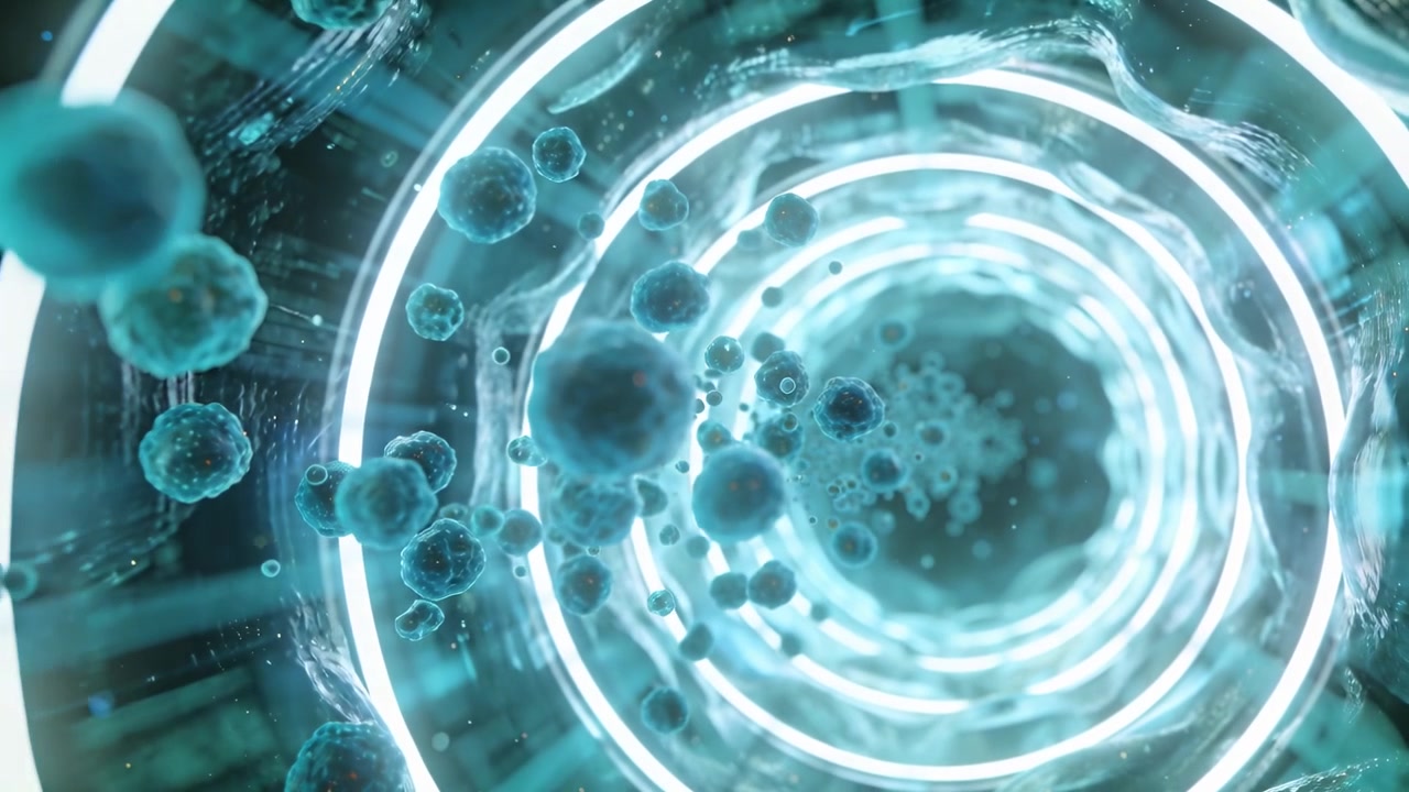 Anelli concentrici luminosi in movimento che trasportano sfere blu attraverso un tubo nanotecnologico, rivelando filamenti.