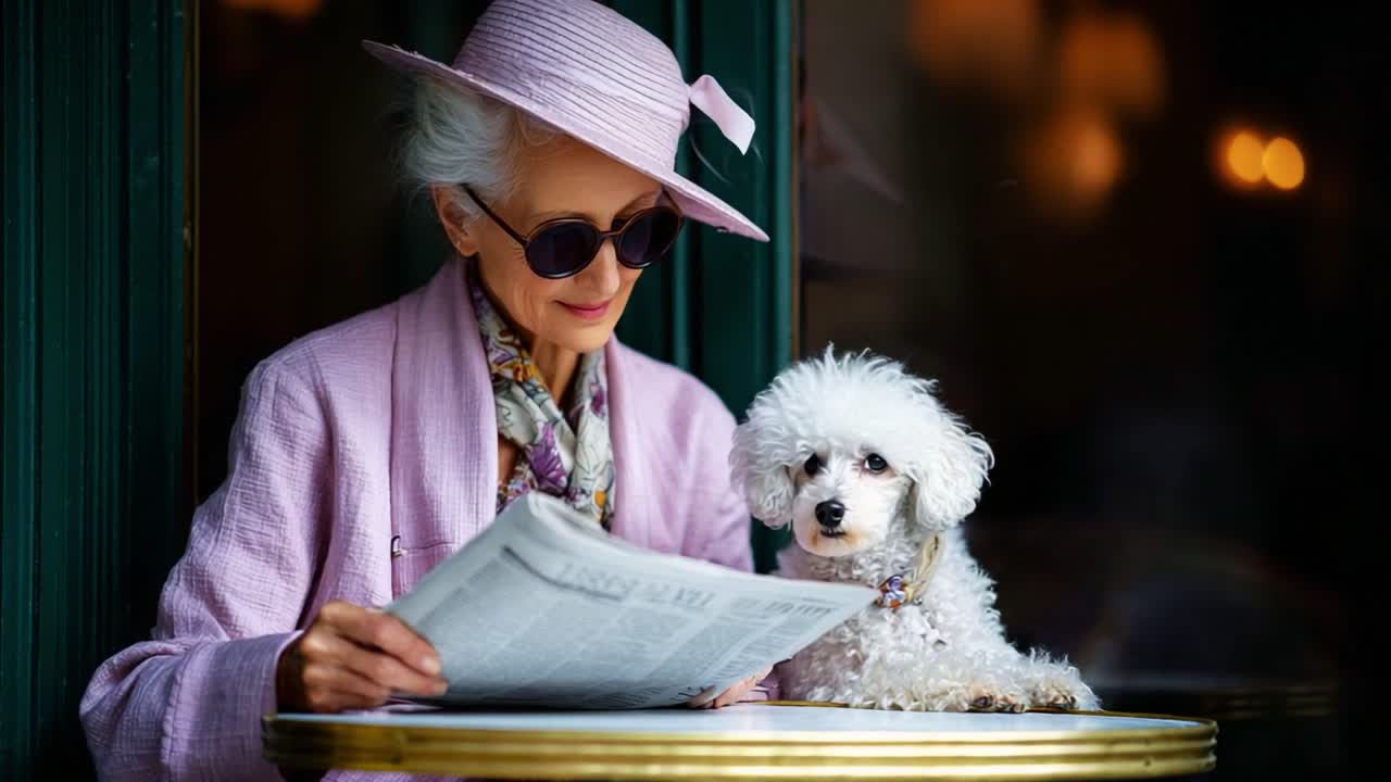 A stylish woman in a pastel outfit and sunglasses enjoys a quiet moment at a café, reading a newspaper with her adorable fluffy dog by her side, creating a charming scene of companionship