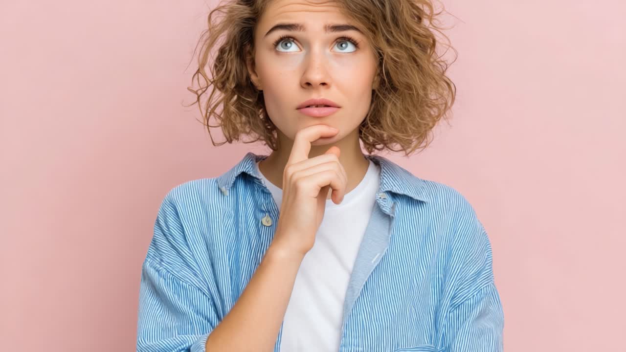 A Young Woman Contemplates with Curiosity, Pondering Thoughts Against a Soft Pink Background in a Reflective Moment of Decision Making and Introspection