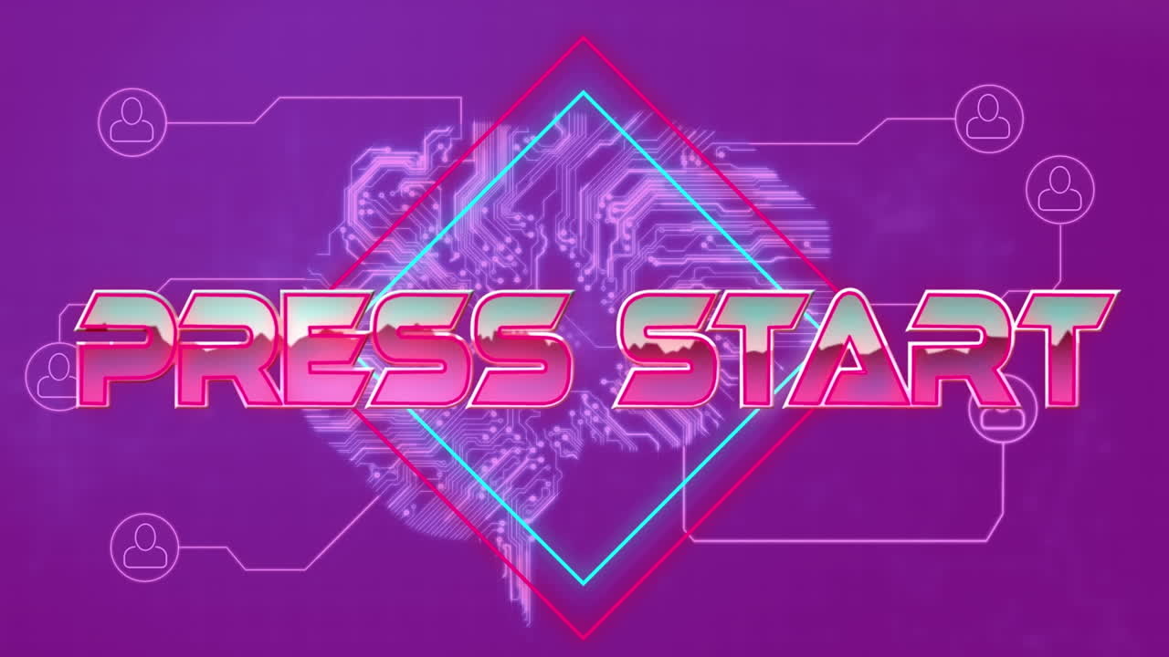 Animation of press start text over geometrical shapes and network of connections