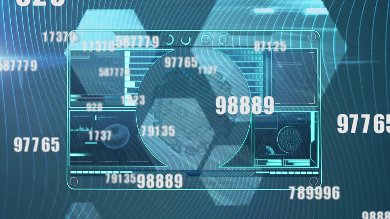 Animation of covid 19 cell, medical data and numbers changing on digital screen over hexagons