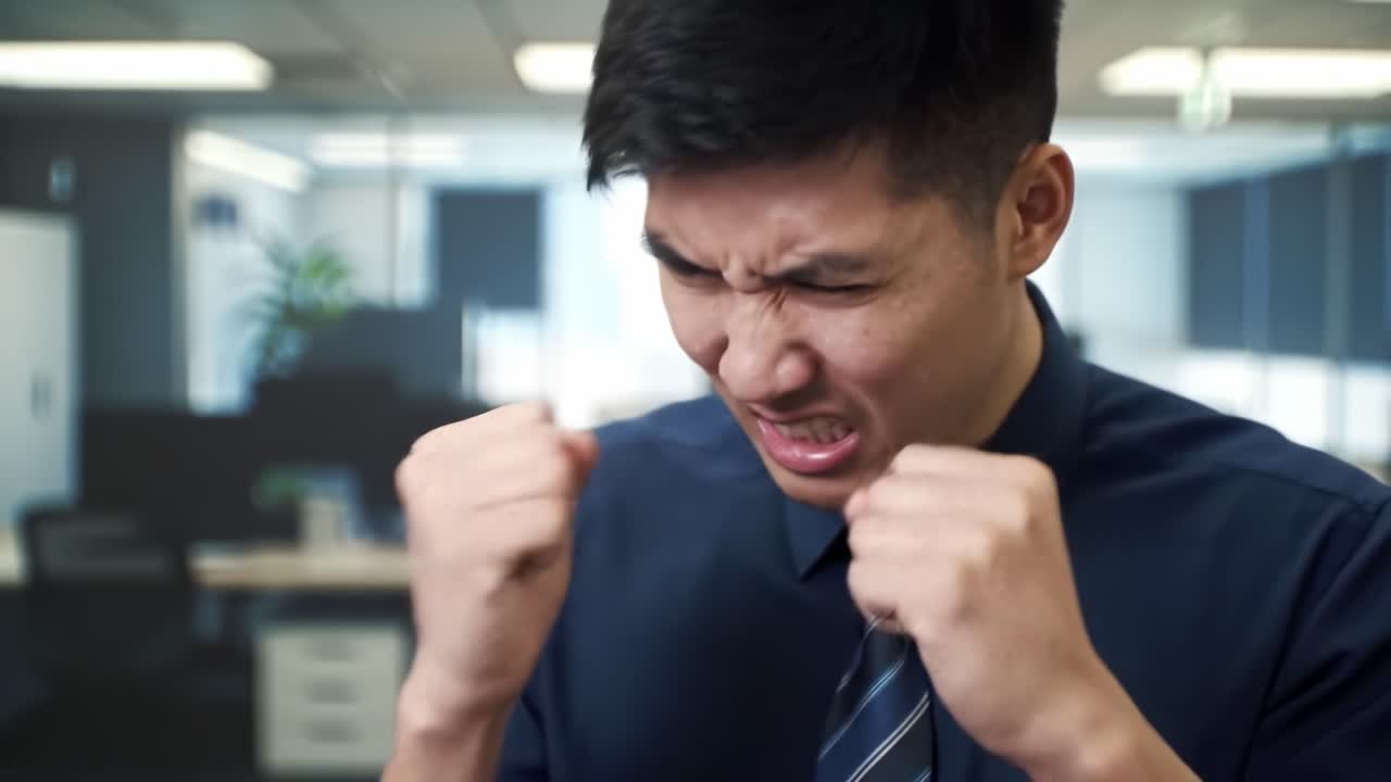 An office worker expresses frustration at his desk in a contemporary workspace. The individual shows signs of stress while navigating challenges in a corporate setting during the day.