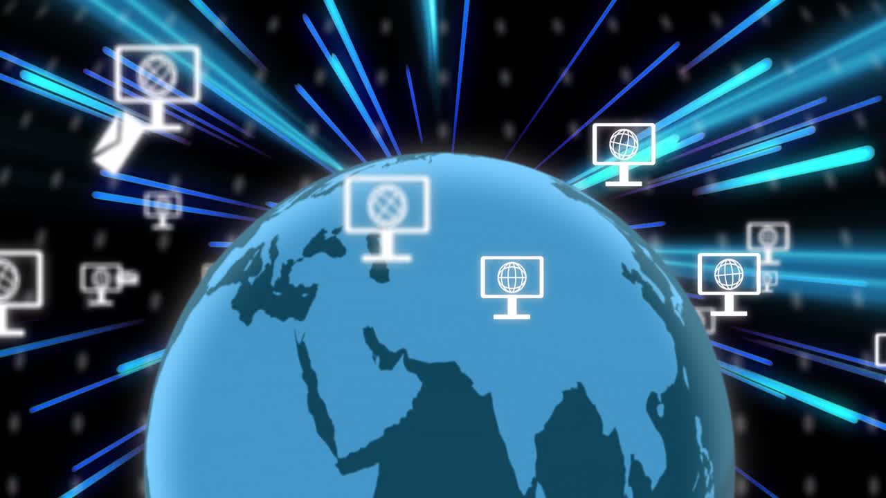 animación de iconos, globo y procesamiento de datos sobre rastros de luz de transferencia de datos