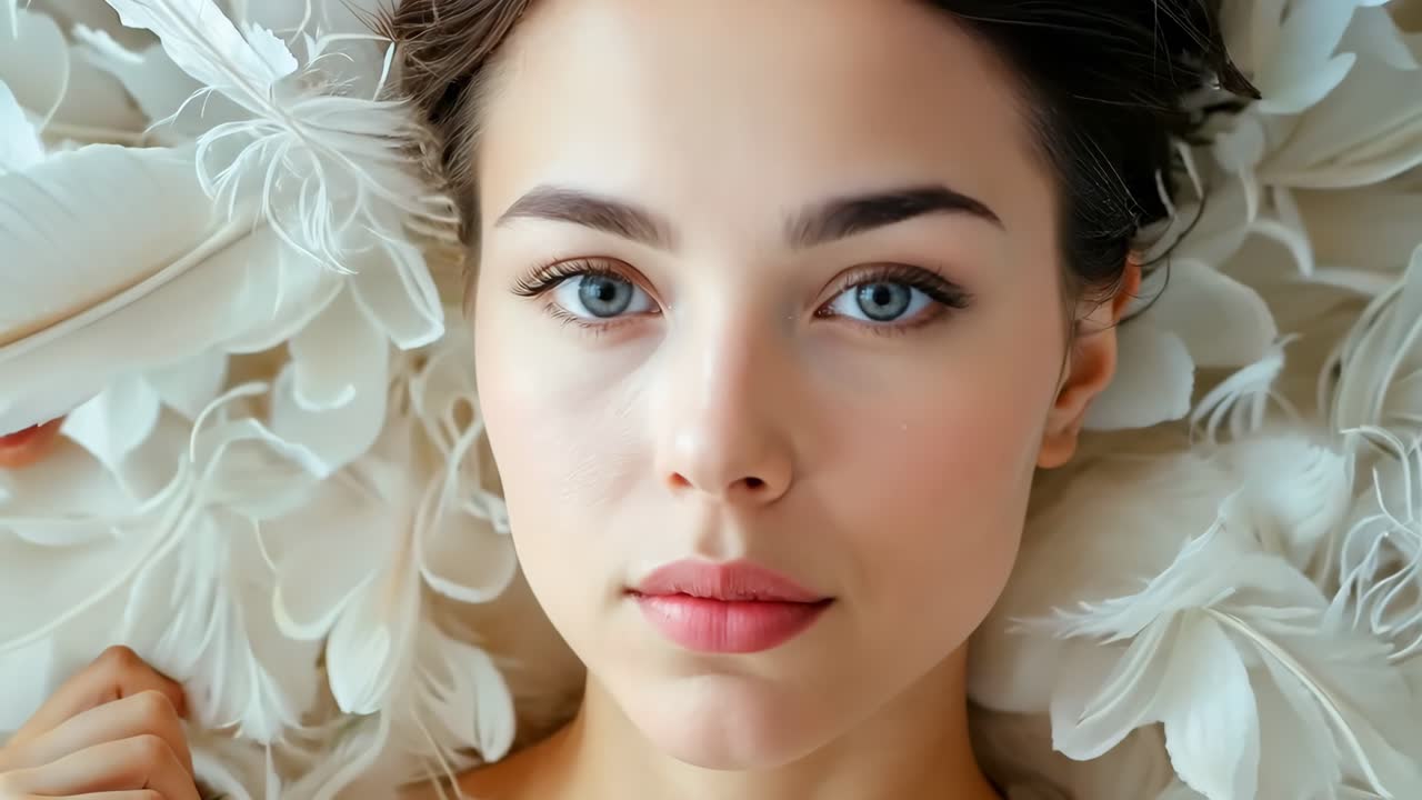 una donna sdraiata sopra un letto di piume bianche