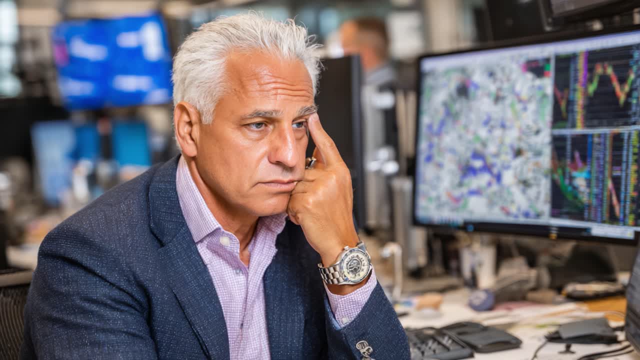 Contemplative Moment in a Trading Environment: An Expert Strategist Analyzing Market Trends Amidst Screens and Data Visualizations