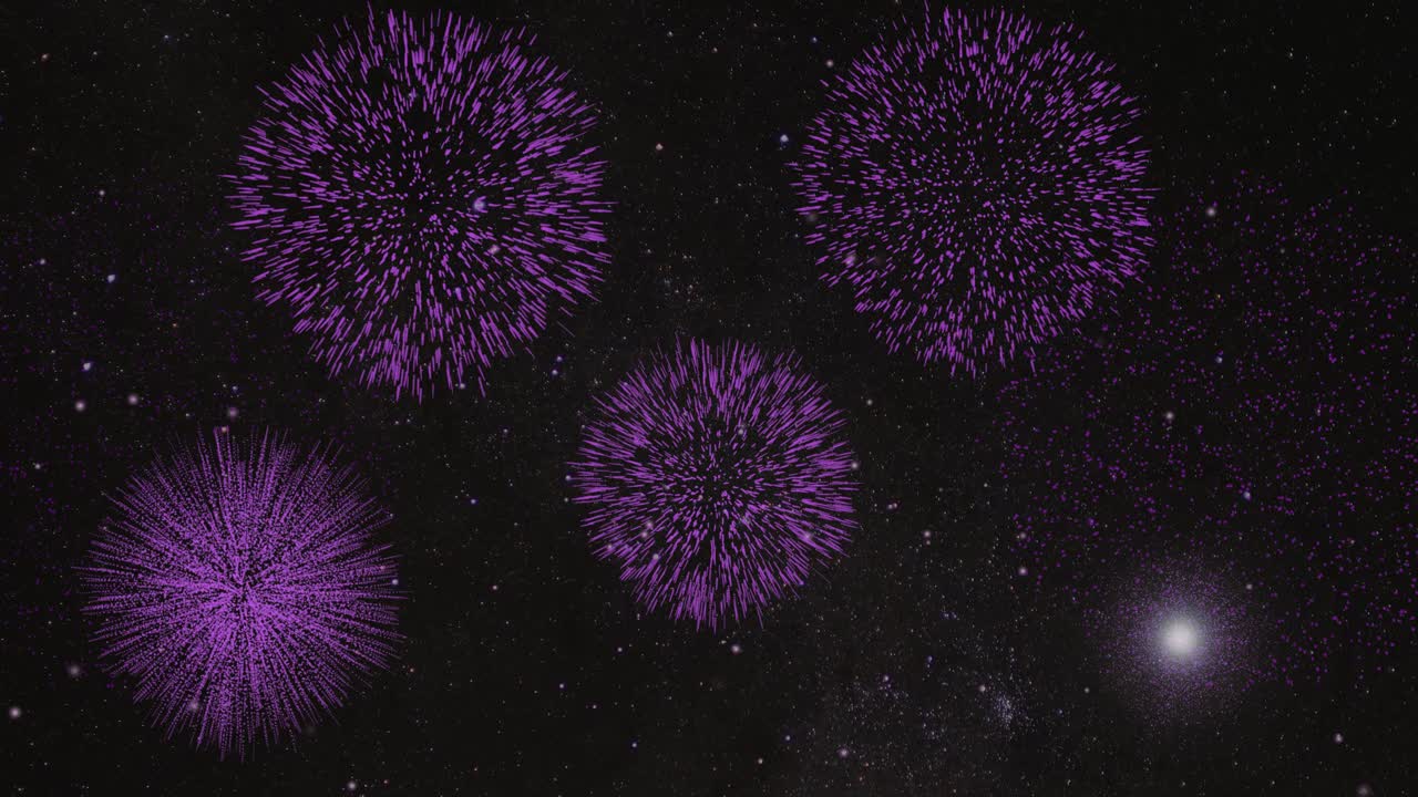 별이 빛나는 밤하늘을 배경으로 애니메이션 보라색 불꽃놀이.