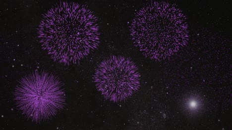 animated purple fireworks against a starry night sky.
