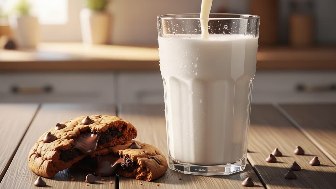 Il piacere dell'abbinamento perfetto: un bicchiere di latte accompagnato da deliziosi biscotti con gocce di cioccolato su un tavolo da cucina soleggiato