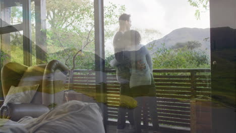 embracing couple with nature animation overlay, enjoying mountain view from home