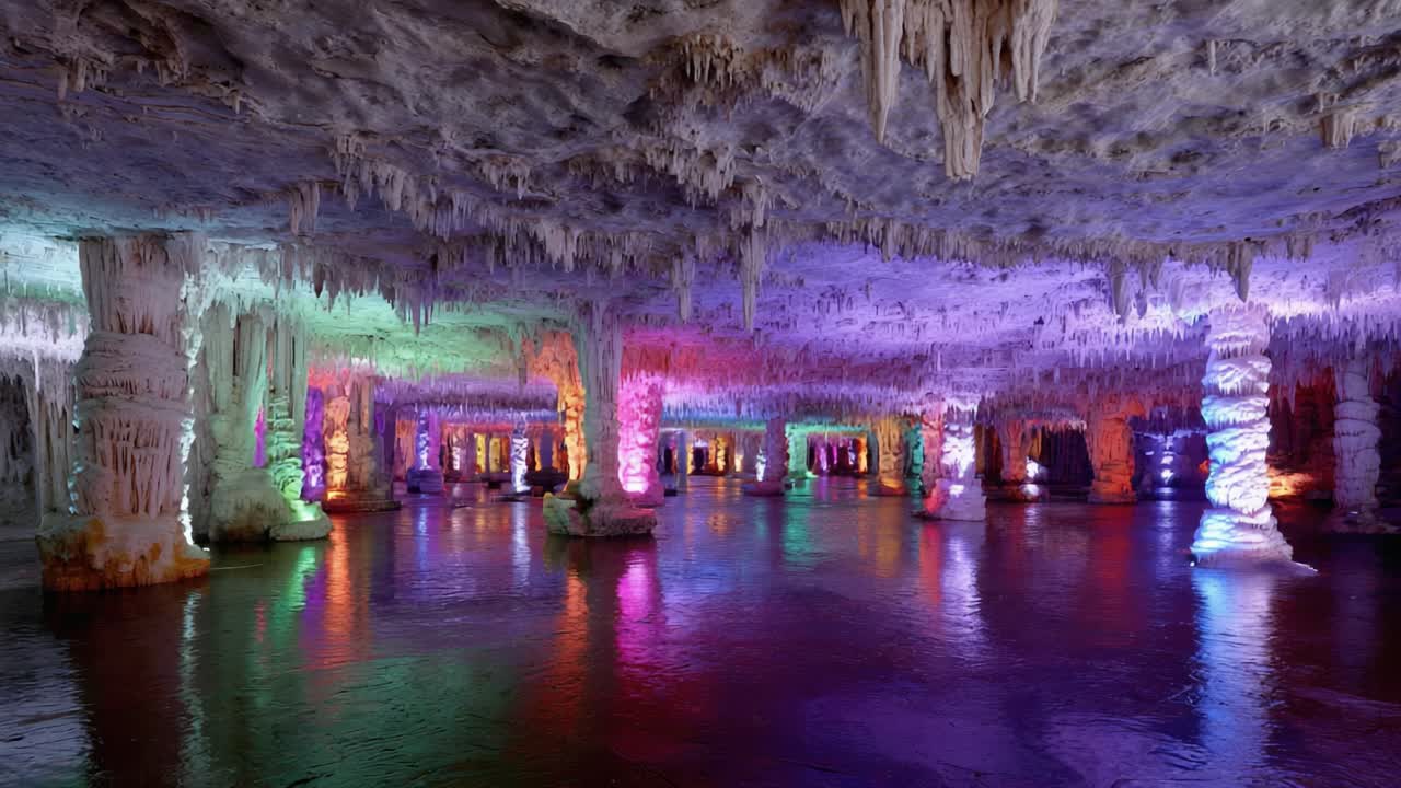 A Mesmerizing Display of Nature's Artistry: Stunning Underground Cavern Illuminated by Colorful Lights Reflecting Off Water, Showcasing Unique Stalactites and Stalagmites