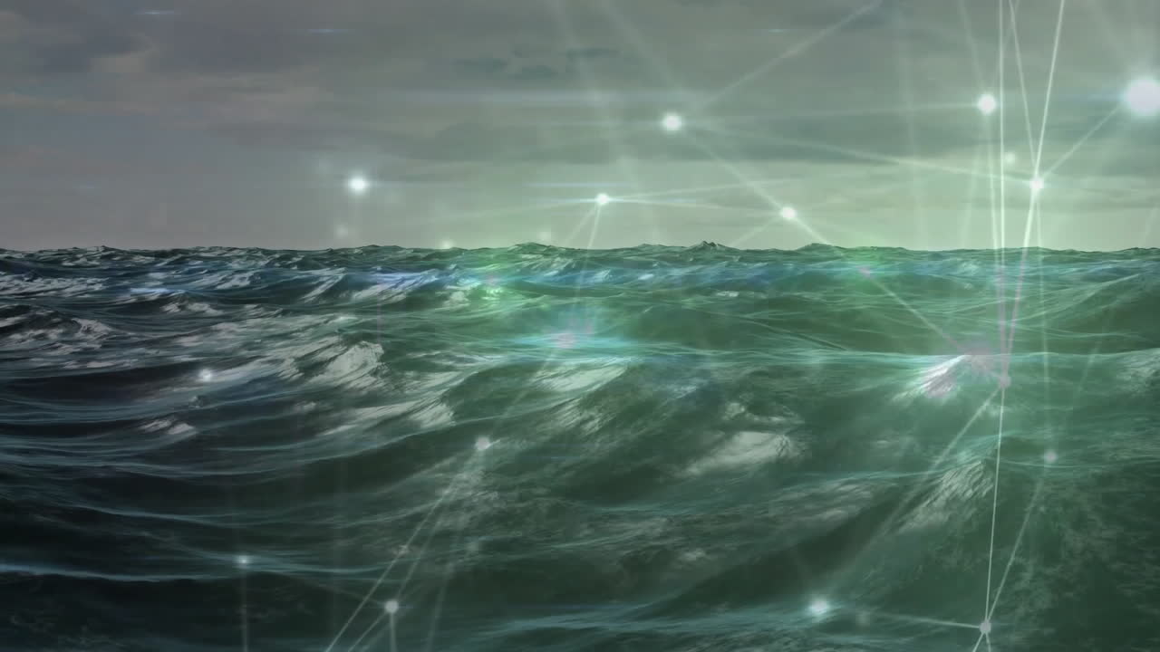 Network of connections and data processing animation over ocean waves