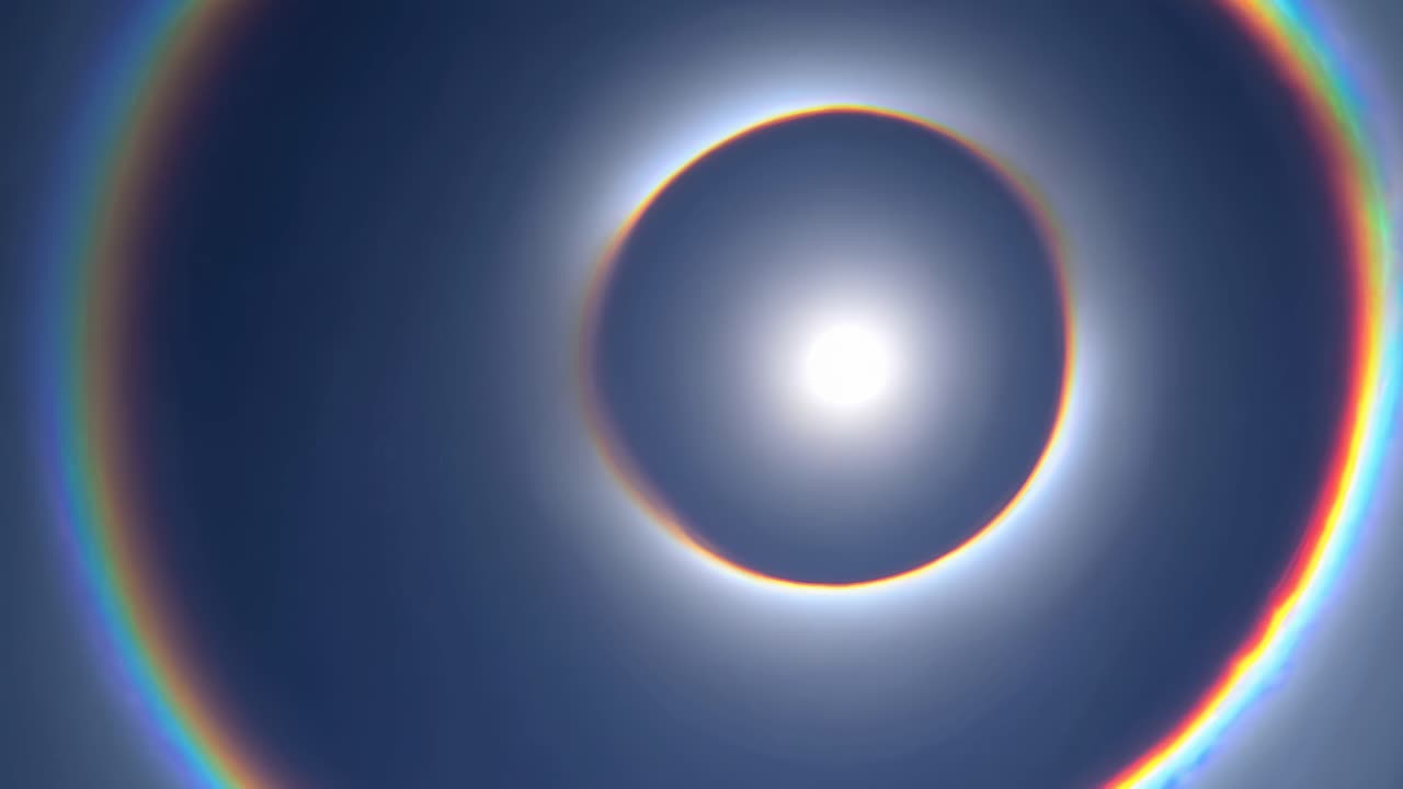 Vista aérea de um halo solar com anéis de arco-íris vibrantes envolvendo o sol, criando um espetáculo hipnotizante