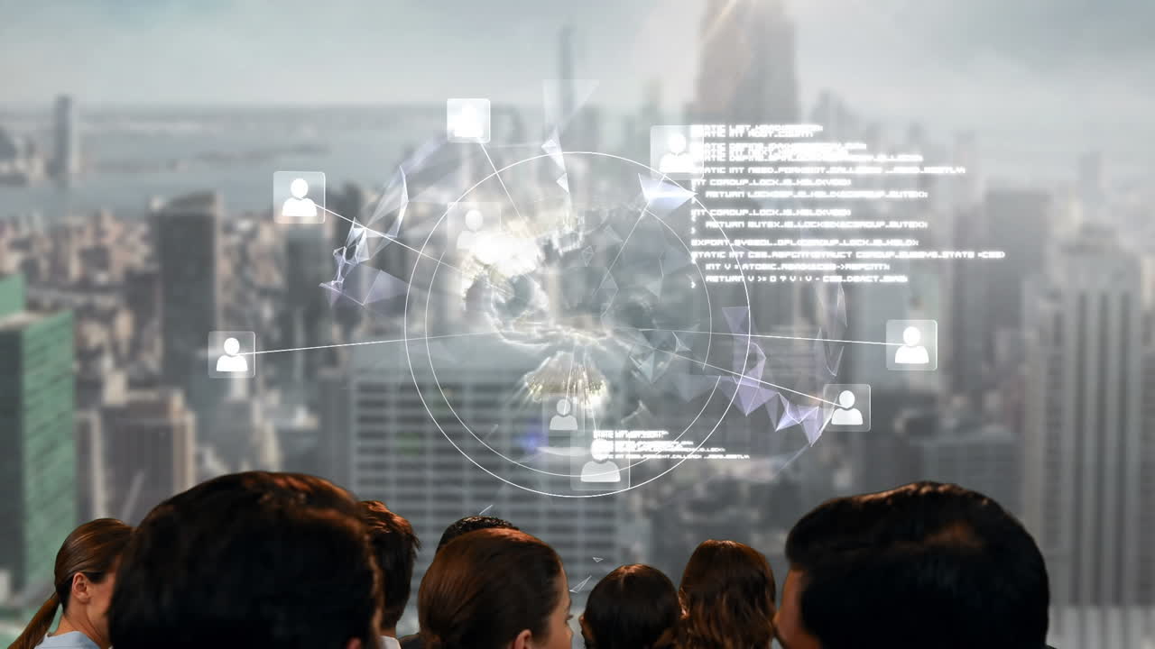 다양한 사업가들이 도시 풍경 위의 지구와 함께 프레젠테이션을 보는 애니메이션