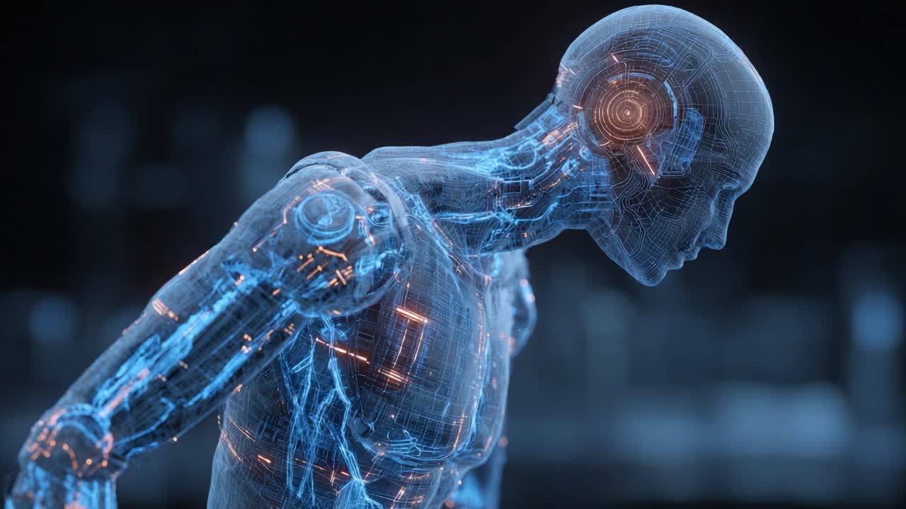 A Futuristic Human Figure Enhanced with Glowing Cybernetic Elements, Illustrating the Fusion of Technology and Humanity in a Digital Realm