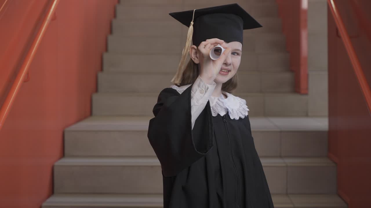 счастливая студентка дошкольного учреждения в шапочке и мантии танцует и играет с дипломом об окончании школы, глядя в камеру