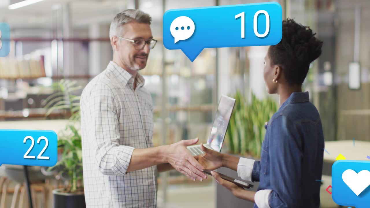 Manager pointing, junior scrolling phone, notifications rising and handshake sealing marketing deal