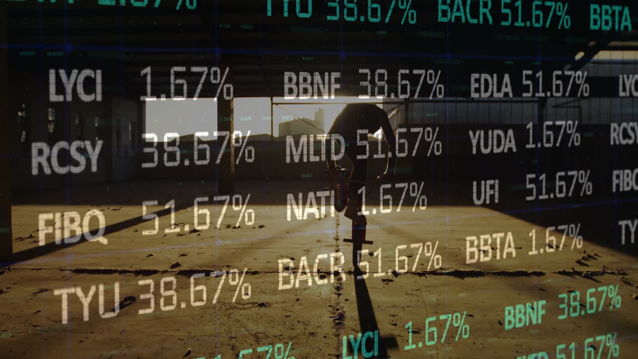 Financial data scrolling across view, male cyclist entering and performing wheelie under pier