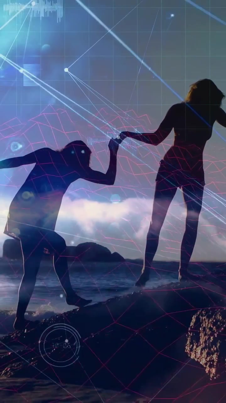 Vertical video: Taller woman extending arm, aiding partner as third joining, tech HUD mapping shore