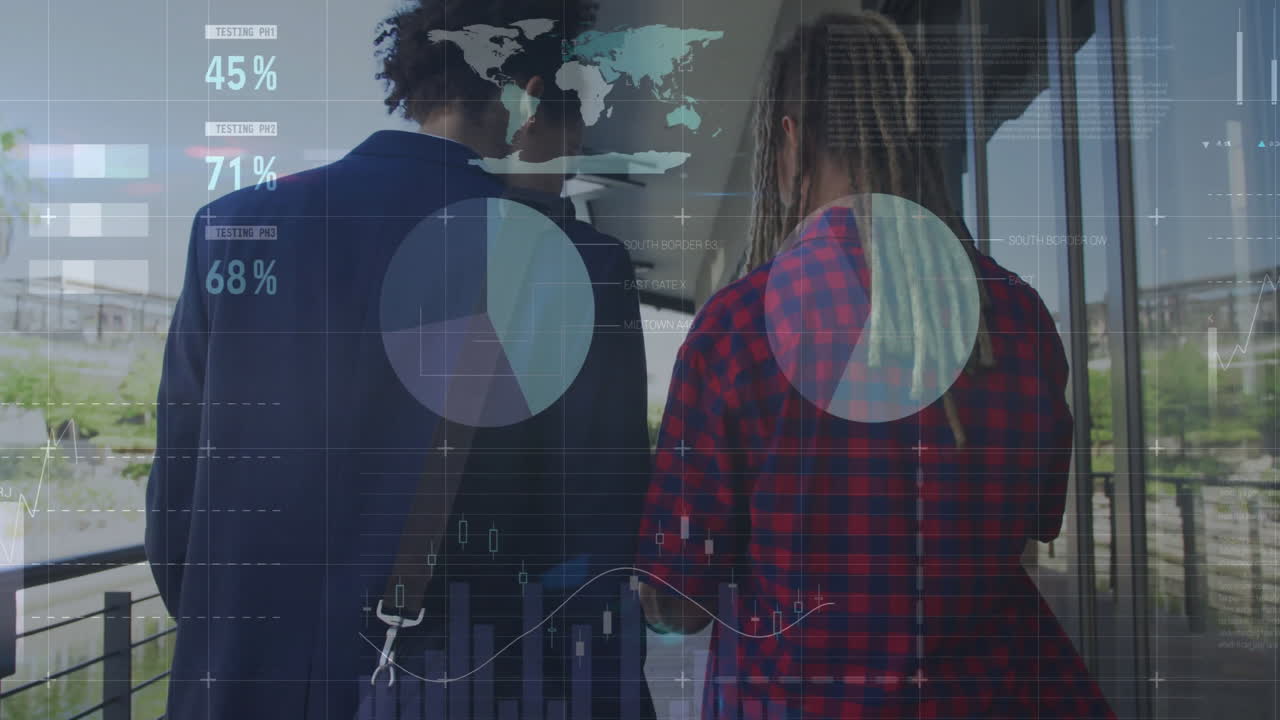 análisis de datos y animación de prueba sobre dos personas caminando en el pasillo de la oficina