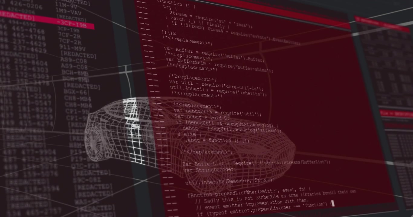 On startup UI panel sliding and red code overlay scrolling diagnostics data over wireframe 3D car