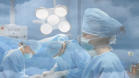 composición digital del retrato de una cirujana caucásica en el hospital contra las nubes en el cielo