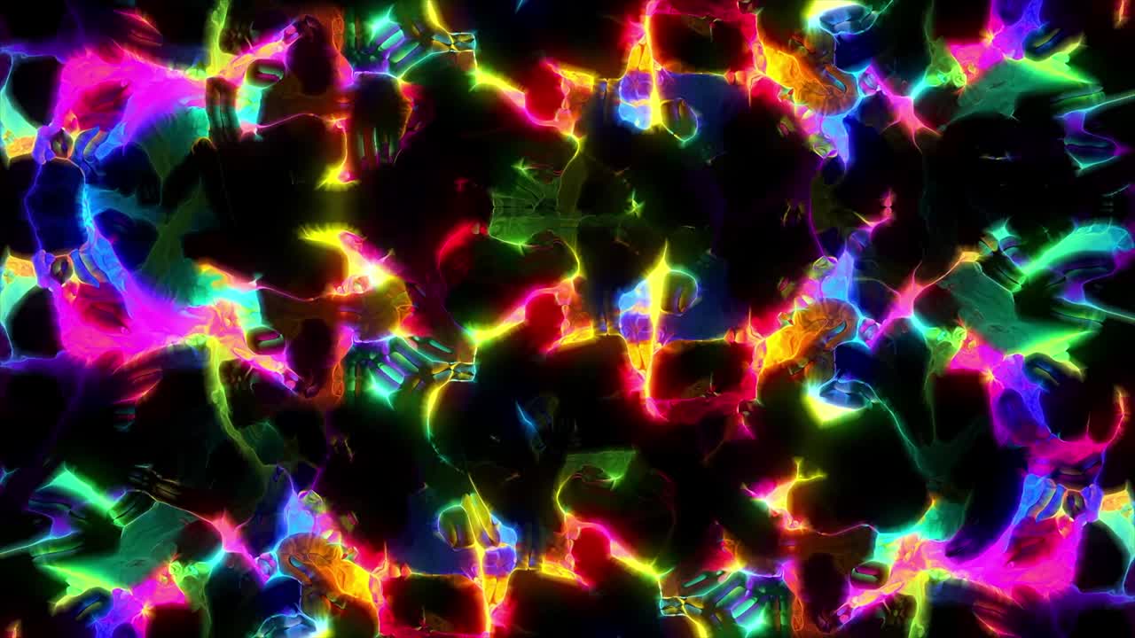 patrón kaleidoscópico abstracto con manchas coloridas cambiantes, bucle sin costuras. diseño. colores del arco iris retorcidos sobre fondo negro.