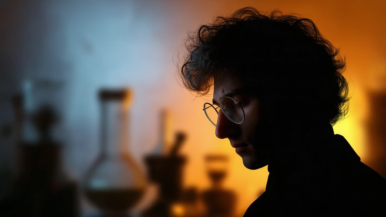 En ettertenksom figur med krøllete hår og briller i silhuett mot en levende, totonet bakgrunn i gult og blått, omgitt av laboratorieglass og vitenskapelige verktøy