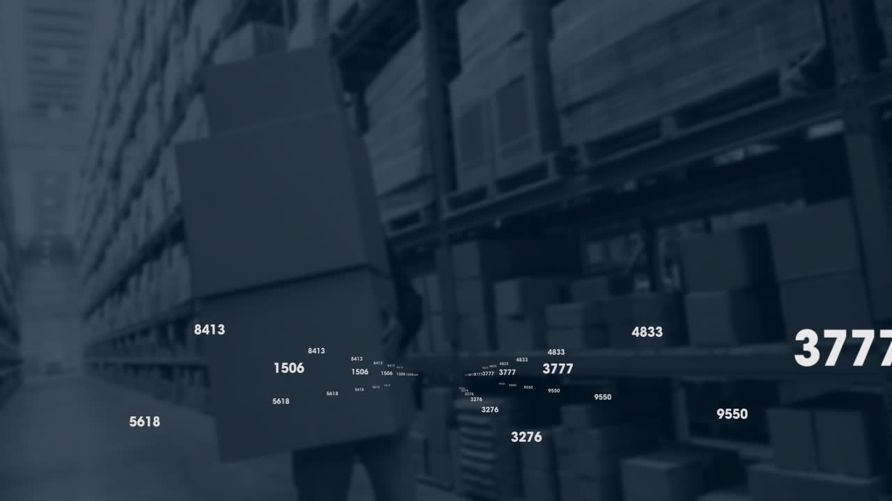 Carrying boxes in warehouse, person viewing animation overlay for data analysis