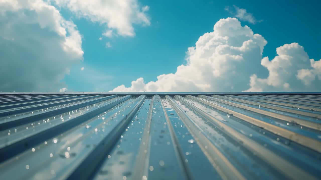 Sunlight breaking through clouds causing water droplets sliding on corrugated metal roof panels