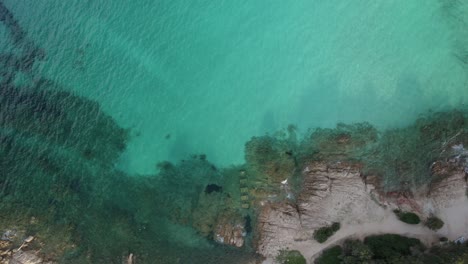 toma aérea de arriba hacia abajo de una costa, un mar esmeralda y una playa de arena completamente vacía debido al bloqueo de la pandemia del coronavirus en porto cervo, cerdeña, italia