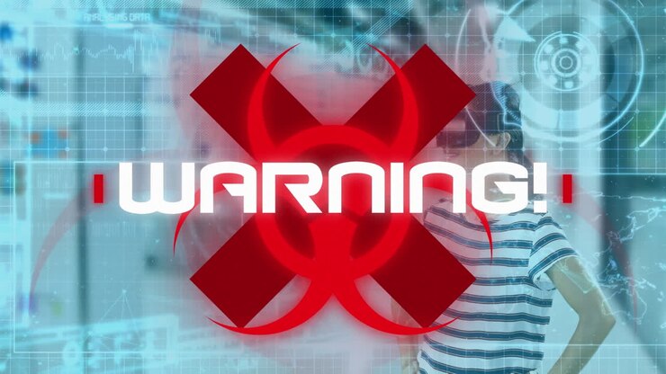 Animation of warning text and data processing over woman wearing vr headset