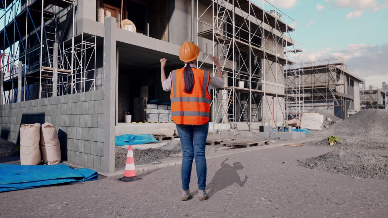 Full Body Back View Of A Female Engineer With Safety Helmet Raising Her Hands Celebrating While Working At Construction Site in Progress to New House