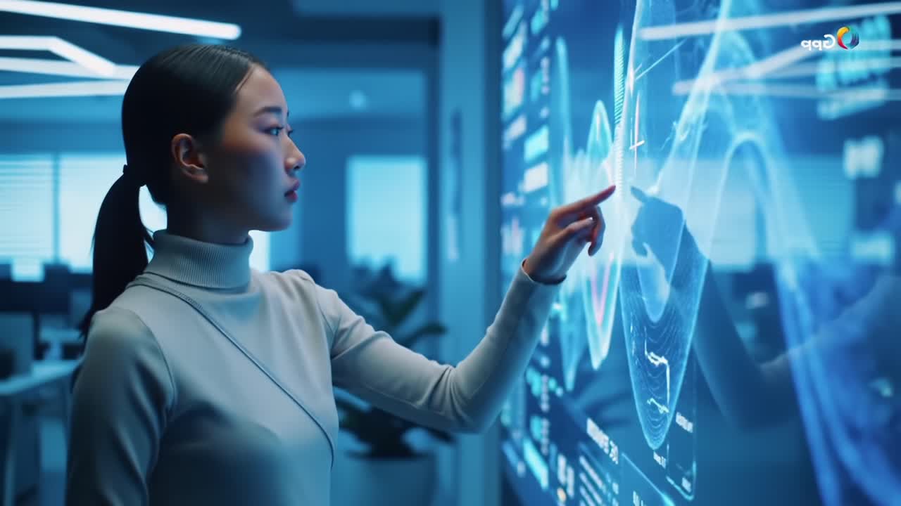 Engaging with Digital Data: A Focused Individual Analyzing Trends on an Interactive Screen in a Modern Office Environment