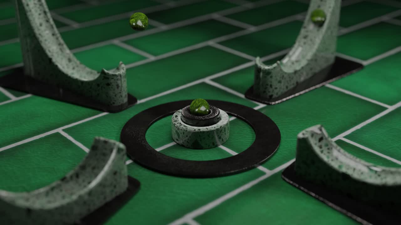 녹색 돌과 공을 가진 추상적인 기하학적 디자인