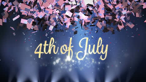 animation of gold text, 4th of july, with american flags falling, on dark blue with lights